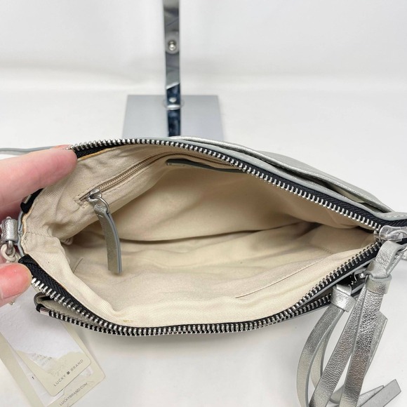 Lucky Brand Koda Crossbody Silver Metallic Topanga Leather Flashy Shiny Party - Picture 11 of 15